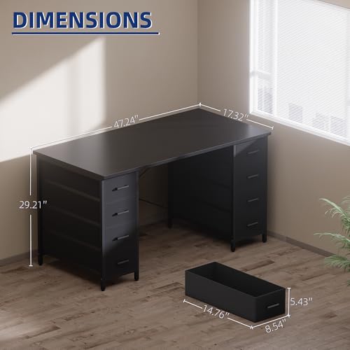 Pamray 47 Inch Computer Desk with 8 Fabric Drawers - Matte Black Home Office Workstation