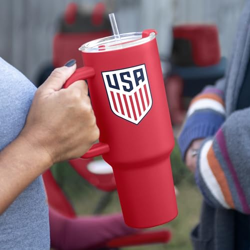 USA Logo Brands 40 oz Soccer Tumbler with Handle & Straw - Powder Coated Stainless Steel, Leak-Resistant, Keeps Drinks Cold