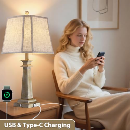 Antique White Farmhouse Table Lamps Set of 2 - 27.5" Dimmable Touch Lamps with USB Charging Ports