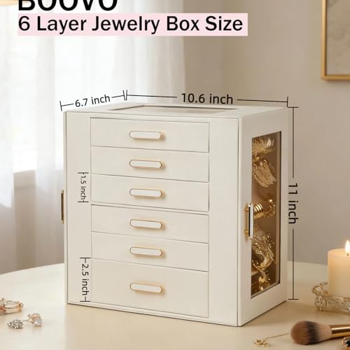 BOOVO White 6-Layer Jewelry Organizer Box with Clear Lid, Large Storage