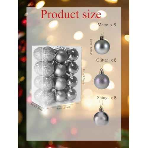 24 Mini Shatterproof Christmas Balls, 3cm/1.1'' Xmas Tree Ornaments Hanging Ball for Birthday Halloween Holiday Wedding Party Decorations (Silver)