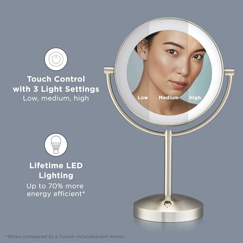 Lighted Makeup Mirror with 1X/10X Magnification, LED Vanity Mirror, Satin Nickel Finish