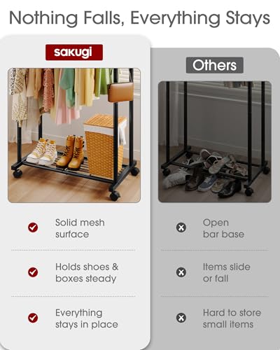 Large Black Double Rod Clothes Rack with Mesh Shelf & Hooks - 28.7 W x 16.5 D x 59.1 H