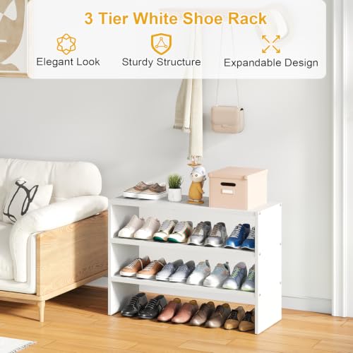 White 3-Tier Expandable Shoe Rack Organizer for Closet & Entryway - Stackable, Holds 8-16 Pairs - 1 Pack