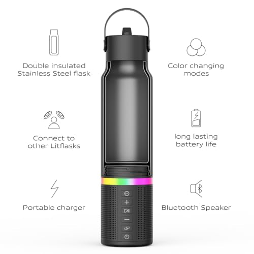 LitFlask Black 20oz Insulated Water Bottle with Bluetooth Speaker & Charger
