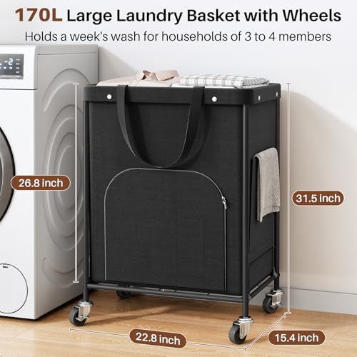 Branwick 170L Large Black Rolling Laundry Basket with Wheels & Removable Bag