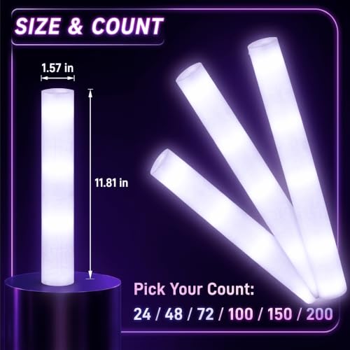 24 Pack LED Foam Glow Sticks Wands for Parties, Weddings & Events