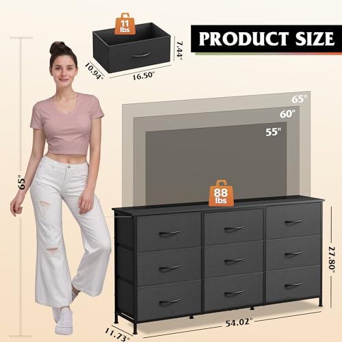 Black Large Size TV Dresser with 9 Fabric Drawers, 65 Inch Storage Console
