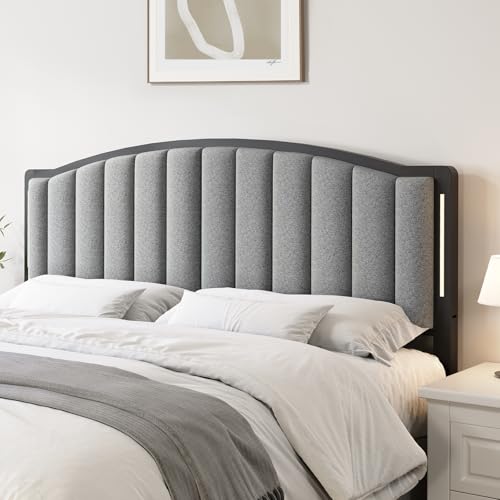 Queen Upholstered Tufted Headboard with Lights - Grey, Modern Design, Adjustable Support