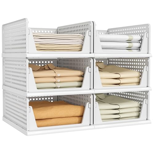 6 Pack Stackable Plastic Closet Organizer Bins - White, Large