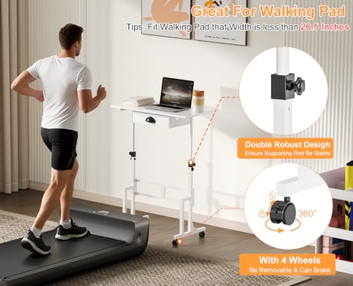White Adjustable Standing Desk for Walking Pad Treadmill - Portable Mobile Laptop Workstation with Drawer, 31.89 x 15.75 Inches