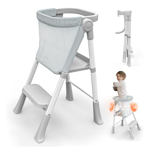 Foldable Toddler Standing Tower - Gray, Montessori Kitchen & Learning Stool for Kids 1.5-6 Years