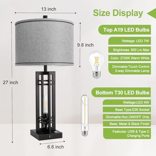 Vikdio 27-Inch Farmhouse Table Lamps Set of 2 with Gray Round Shade & Touch Control
