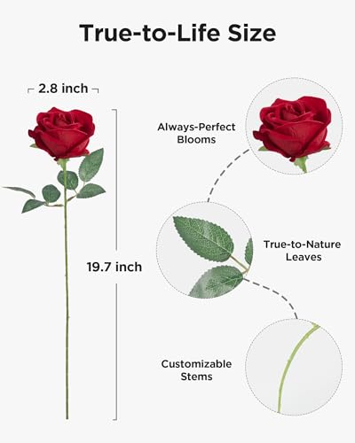 Artificial Roses Flowers 50 Pcs Faux Velvet Silk Stems - Red, Variation of THIS listing