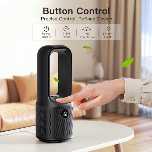 let'me Black Bladeless Desk Fan with Night Light, 5-Speed, 70° Oscillation, 9-Hour Timer