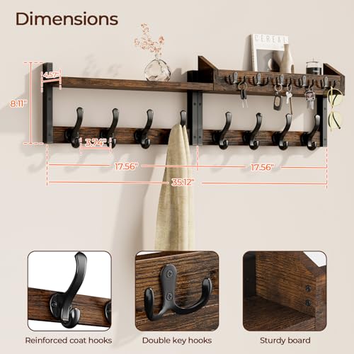 Rustic Brown 35-Inch Wall Mount Coat Rack with Shelf - Entryway Organizer
