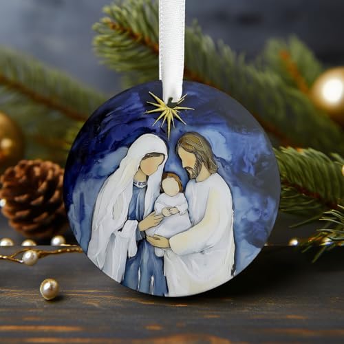 Nativity B: Baby Jesus Mary Joseph Ceramic Ornament – 3in, Two-Sided Print, Gift Box