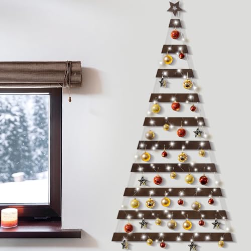 Soaoo Brown Wall Hanging Christmas Tree 30x70 Inch Decorative Wooden Ladder