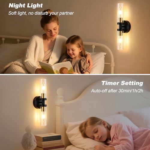 Black Gold Battery Operated Wall Sconce Set of 2 with 330° Rotation & Dimmable 3000K-6000K Bulbs Included