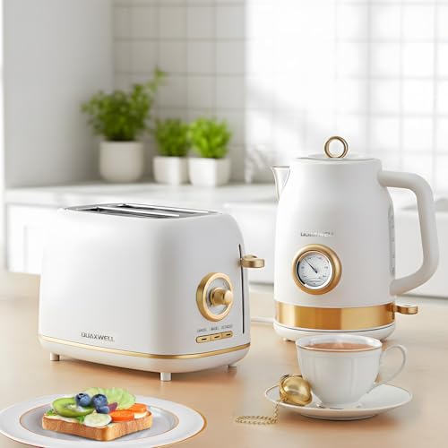 2 Slice Toaster Wide Slot Stainless Steel Matte White & Gold - Retro Kitchen Appliance