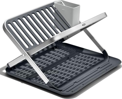 OXO Good Grips Aluminum Fold Flat Dish Drying Rack - 2-Tier, Removable Utensil Cup, Compact Storage