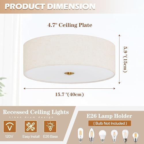 Bagood 16 Inch Gold Drum Flush Mount Ceiling Light Fixture with Fabric Shade - Dimmable Modern Living Room, Bedroom, Hallway Lighting