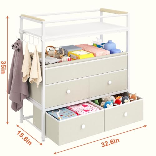 Baby Changing Table Dresser with Safety Bumpers & 4 Drawers - Stable Nursery Furniture