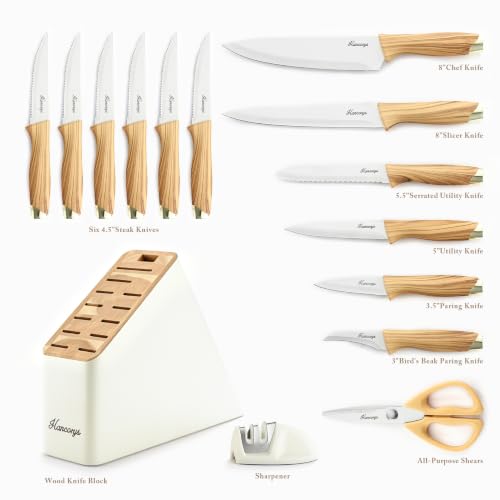 Hancorys Gold Wood 15-Piece Kitchen Knife Set with Block & Sharpener