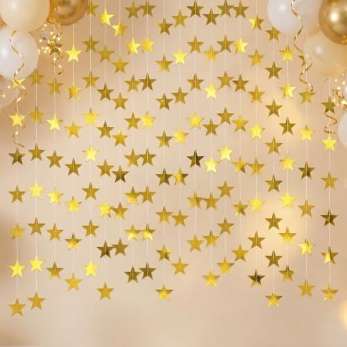 65ft Gold Star Garland 5-Pack - Double-Sided Glitter Hanging Stars Party Decor