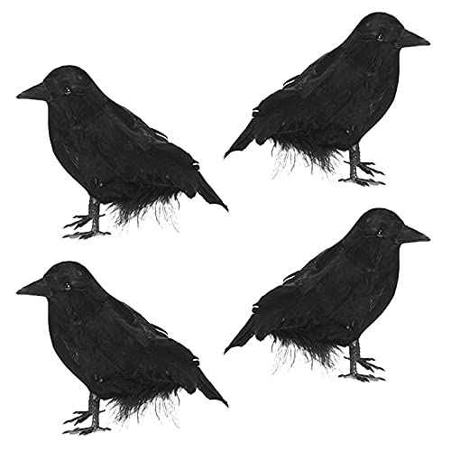 CBLUO Halloween Realistic Crows Black Feathered Standing Crows Christmas Fake Birds Ravens for Outdoor Indoor Party Props Supplies Cute Artificial Handmade Life Like Lifesize Model Crow 4 Pcs