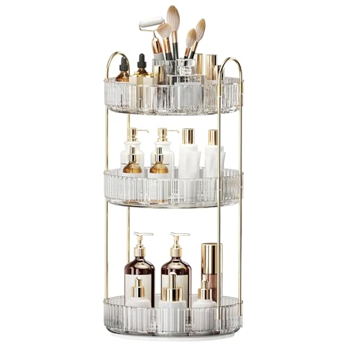 Oifecsie Transparent 3-Tier 360° Rotating Makeup Organizer with Brush Holder
