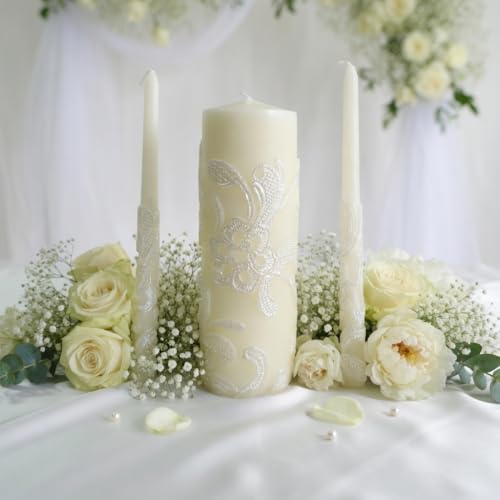 Cream Wedding Unity Candle Set with Pillar and Taper Candles - 11.5 Inch