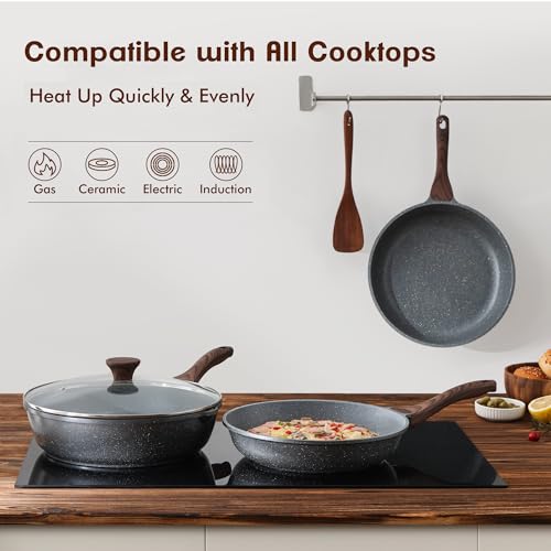 SENSARTE Nonstick Frying Pans Set 8 & 11 Inch with Lid, Gray, Cast Aluminum