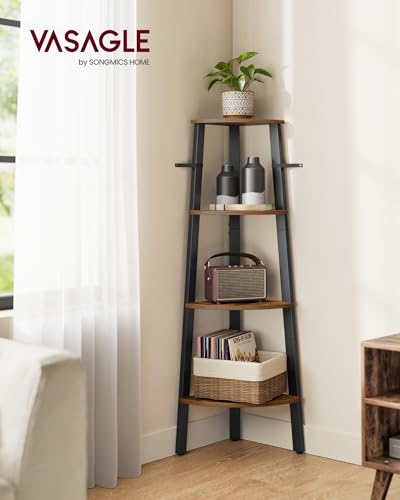 VASAGLE Rustic Brown & Black Corner Ladder Shelf - 4 Tiers, Modern Home Decor