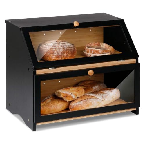 HOMEKOKO Double Layer Wooden Bread Box, Keep Fresh Longer, Black