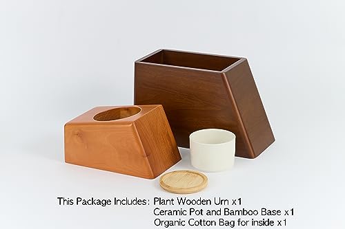 Wooden Cremation Urn for Human Ashes with Ceramic Plant Pot and Bamboo Stand