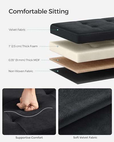INK Black Velvet Storage Ottoman Bench - Foldable Foot Rest, 43 Inches