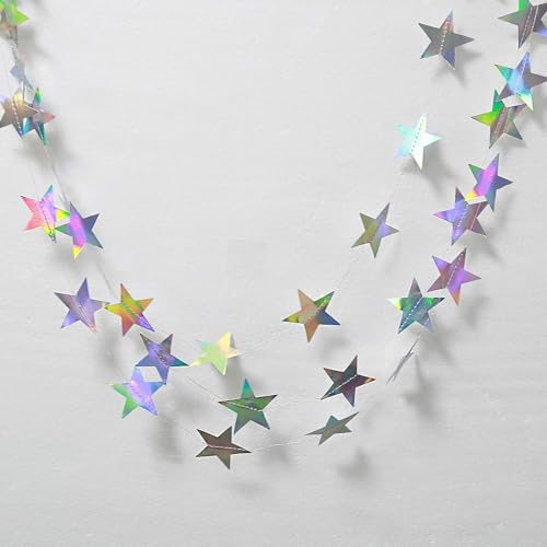 Iridescent Shining Star Hanging Garland Iridescent Hanging Sparkling Star Streamer Glitter Bunting Banner Twinkle Backdrop for Wedding Baby Shower Birthday Christmas Decorations 40 Feet