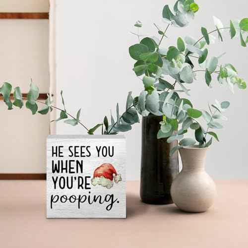 Funny Christmas Bathroom Wooden Box Signs, Christmas Bathroom Decorations, Funny Bathroom Decor, He Sees You When You're Pooping Wooden Signs for Bathroom Restroom Shelf Counter Decor, 5x5in