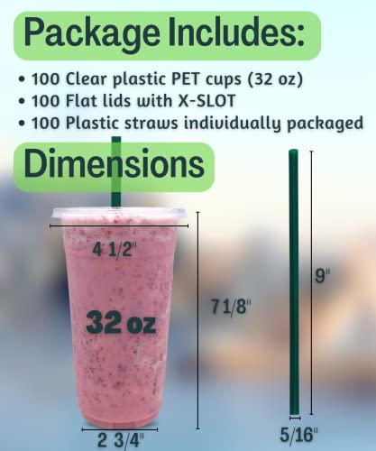 100 Sets 32 oz Clear Plastic Cups with Lids and Straws - Disposable Cold Drink Cups