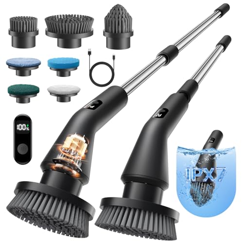 Leebein Black Cordless Electric Spin Scrubber with 7 Brush Heads - Waterproof Bathroom Cleaner