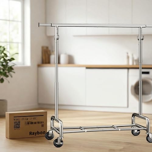 Raybee 75-Inch Chrome Clothes Rack with 4 Hooks, Adjustable Heavy Duty Wardrobe Organizer