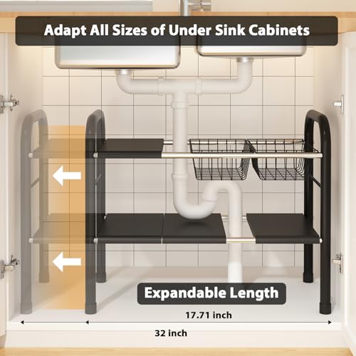Expandable Under Sink Organizer 2-Tier Shelf for Kitchen & Bathroom Storage