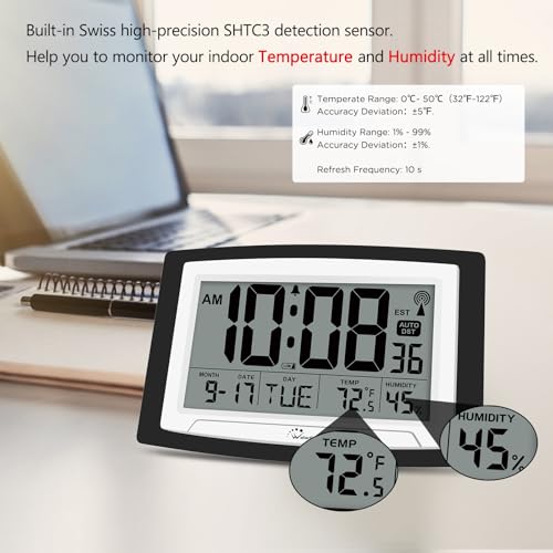 Large WallarGe Atomic Digital Clock with Indoor Temperature & Humidity – 12.5 Inch
