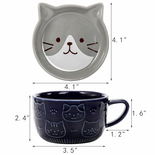 Cute Ceramic Cat Mug Set with Lids and Coasters - 10oz Kawaii Coffee & Tea Cups for Cat Lovers