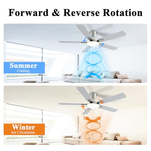 52 Inch Brushed Nickel Ceiling Fan with Lights and Remote - Flush Mount, Reversible DC Motor, Quiet & Dimmable