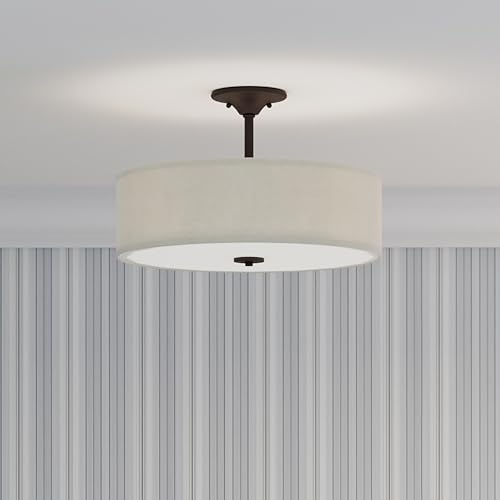 Progress Lighting Inspire Antique Bronze 3-Light Fabric Semi-Flush Ceiling Light with Off-White Linen Shade