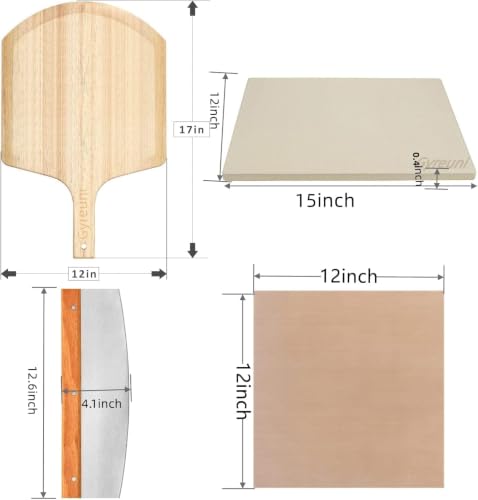 15x12 Inch Pizza Stone Set with Wooden Peel and Accessories for Oven & Grill - Gyreuni