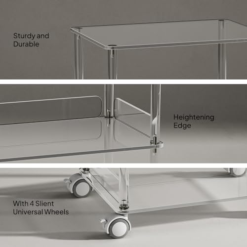 Acrylic Rolling Side Table - 3 Tier Movable End Table with Lockable Wheels