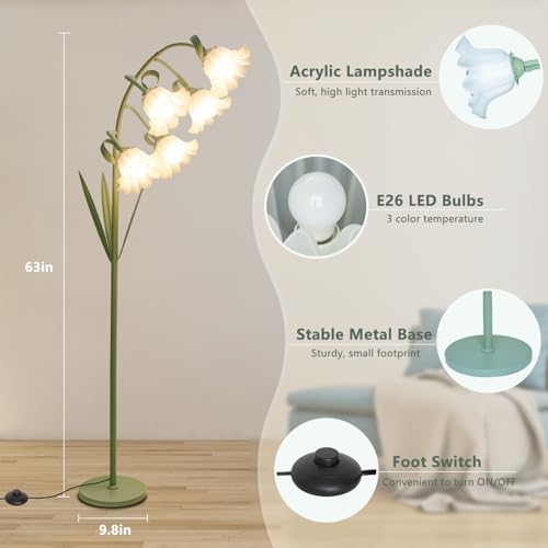 Green & White Flower Floor Lamp with 5 LED Bulbs, Adjustable Arc Standing Light for Living Room & Bedroom